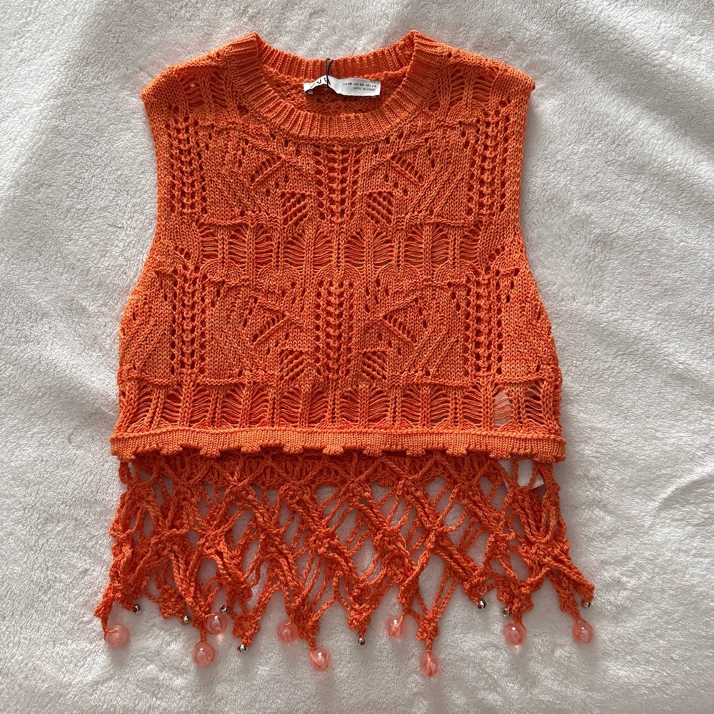 Zara Orange Crochet Top with Fringe